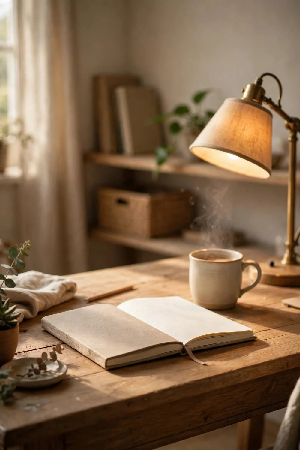 A wooden desk in the morning with a notebook, mug and warm lamp in a home office