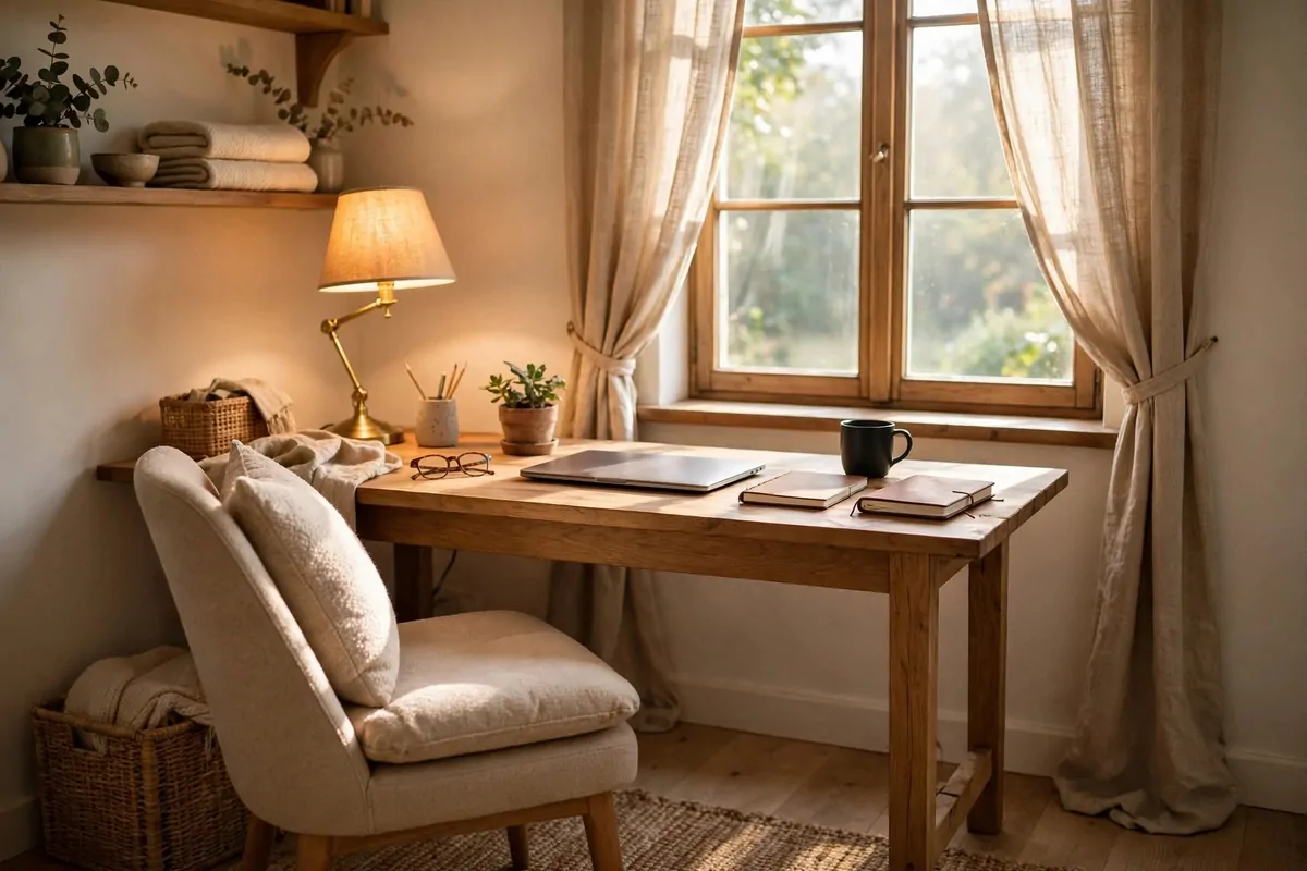 A cozy home office ready for a long work day, wooden desk with laptop and notebook, warm lamp, comfortable chair with cushion, morning light through the window