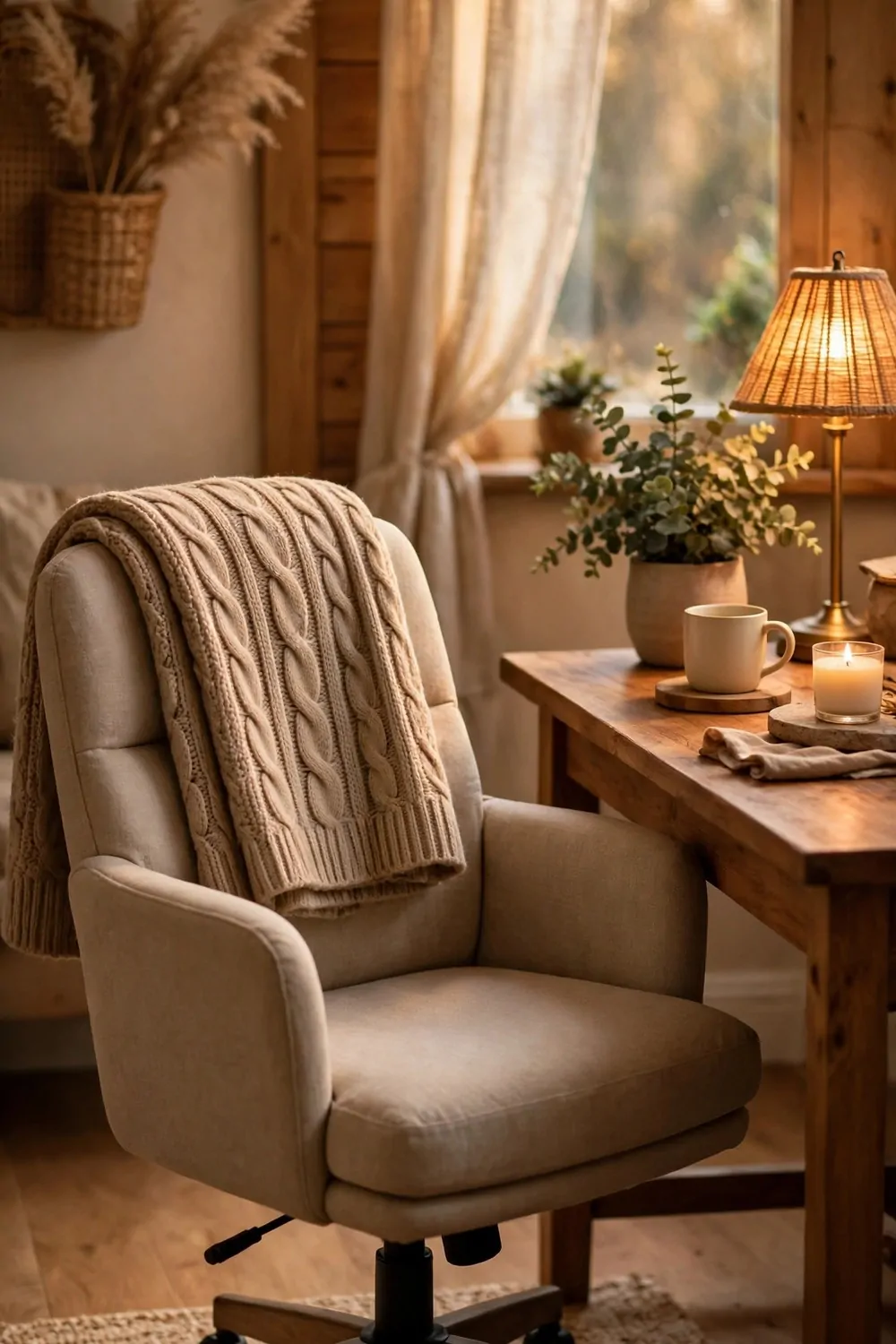 20 Cozy Office Space Ideas for Long Work Days 1 A comfortable office chair with a soft cushion and a folded blanket over the back, wooden desk beside it, warm light