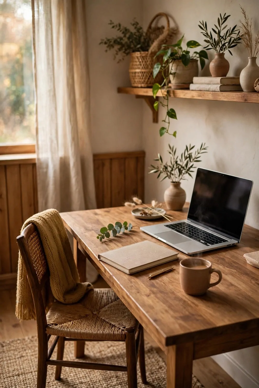 20 Cozy Office Space Ideas for Long Work Days 2 A wooden desk at the right height with a laptop, notebook and mug, chair pushed in, calm home office