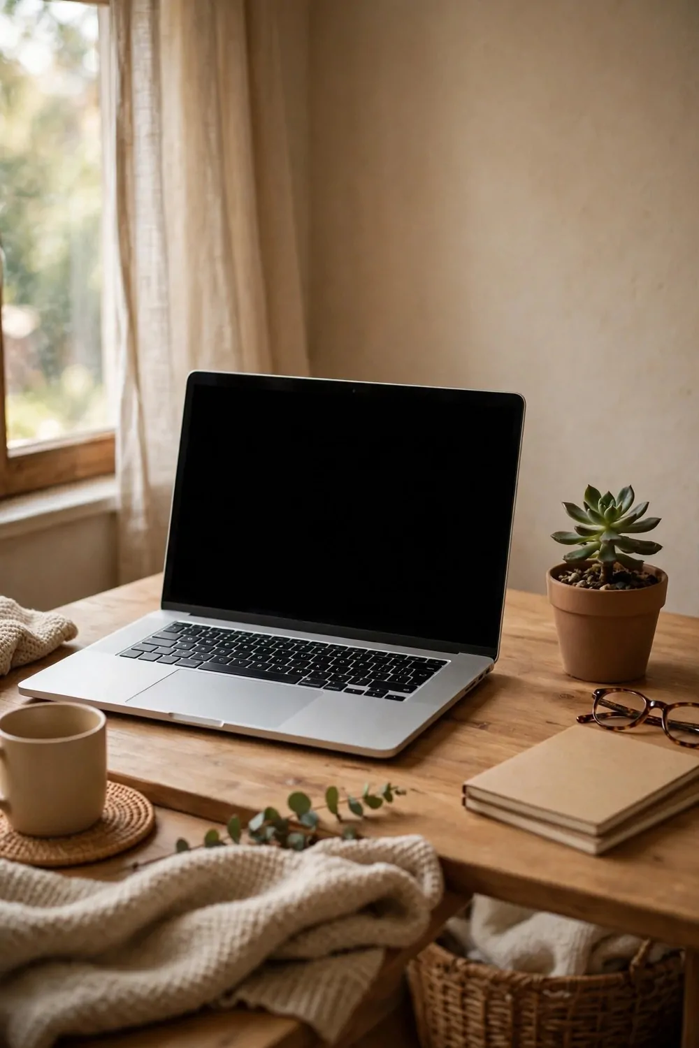 20 Cozy Office Space Ideas for Long Work Days 3 A laptop screen on a wooden desk with no glare, soft daylight from a side window, small plant beside it
