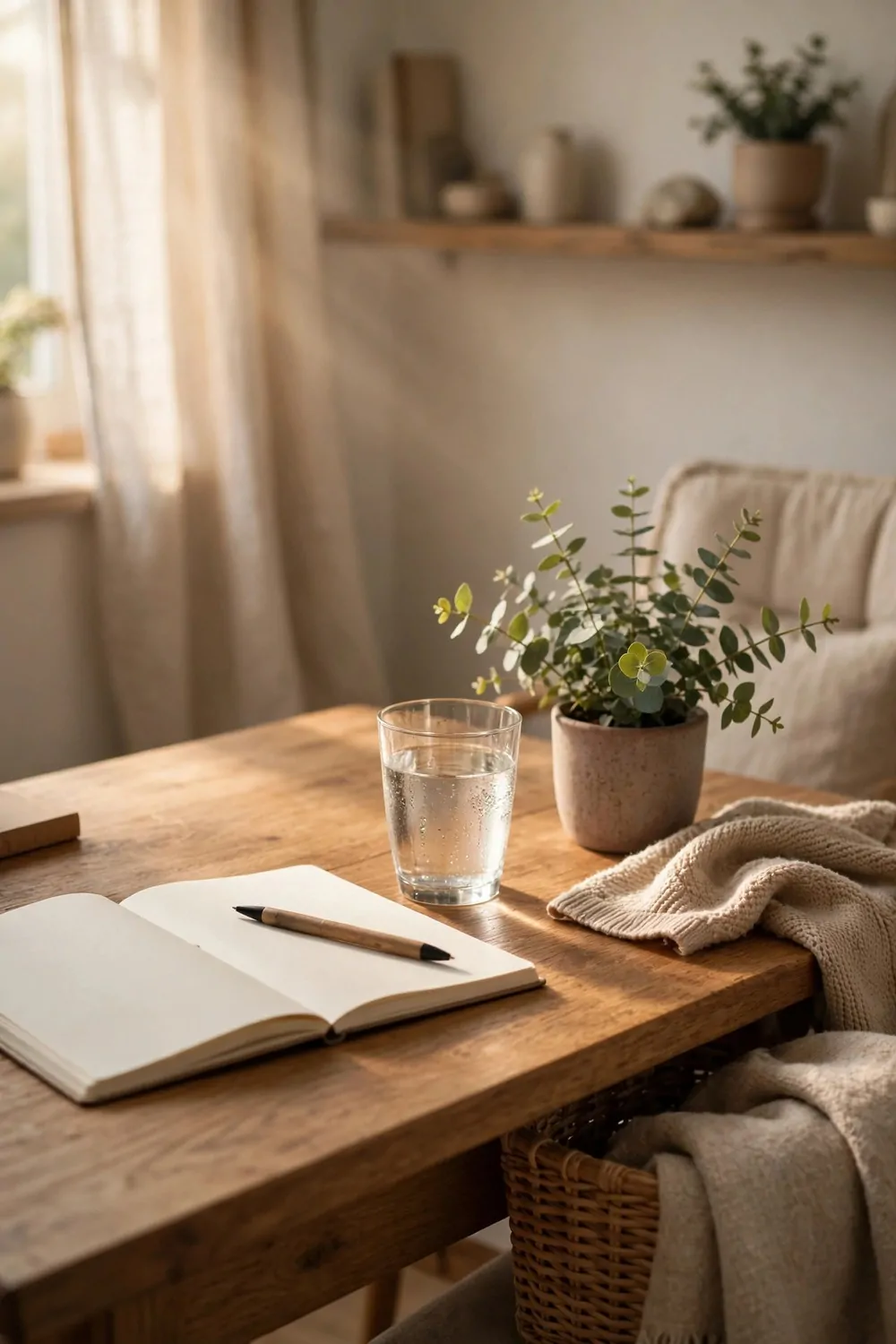 20 Cozy Office Space Ideas for Long Work Days 4 A tidy desk in the morning with a notebook, pen and glass of water ready, soft light, calm room