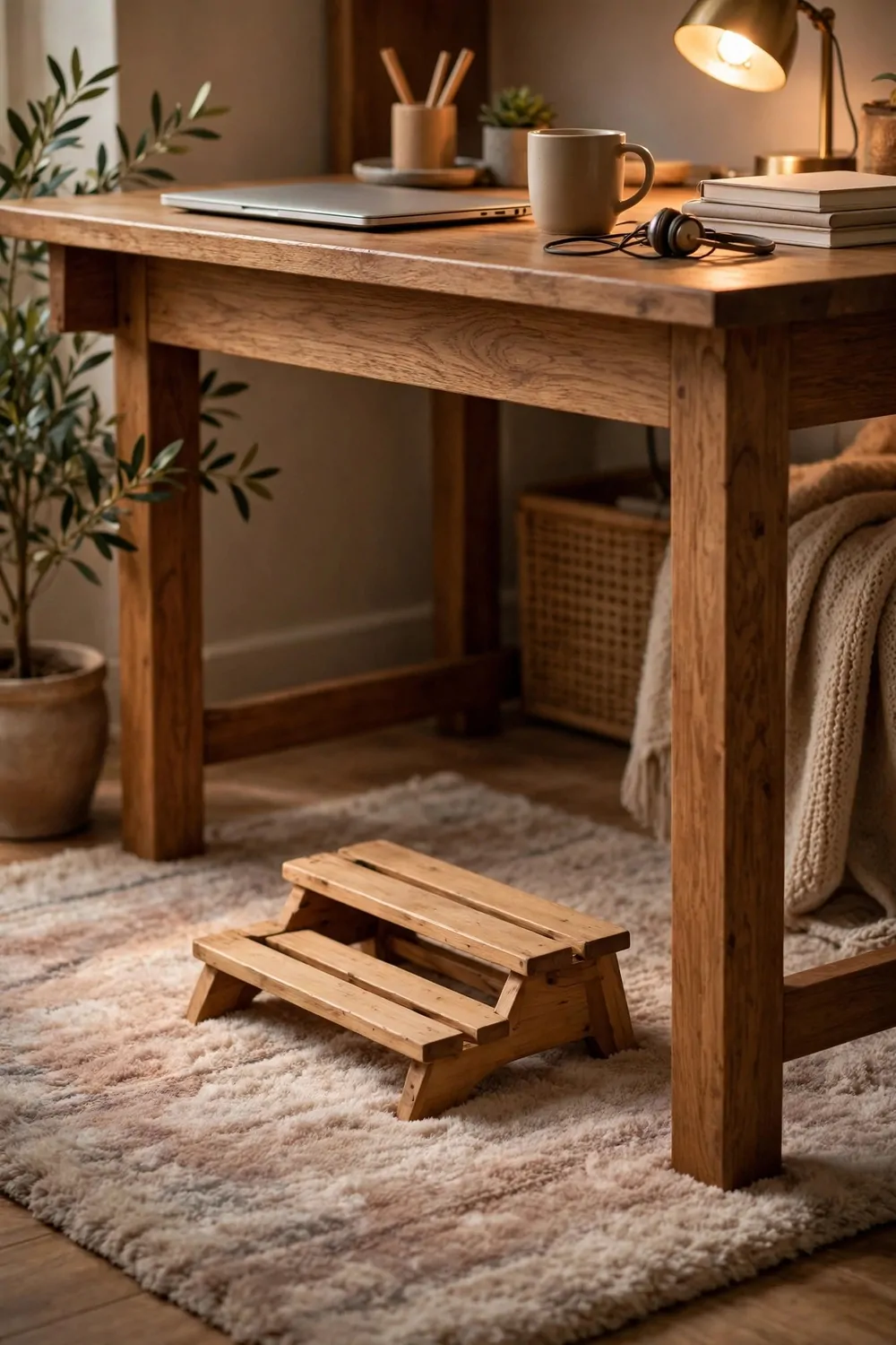 20 Cozy Office Space Ideas for Long Work Days 5 A small wooden footrest under a home office desk, soft rug below, warm light