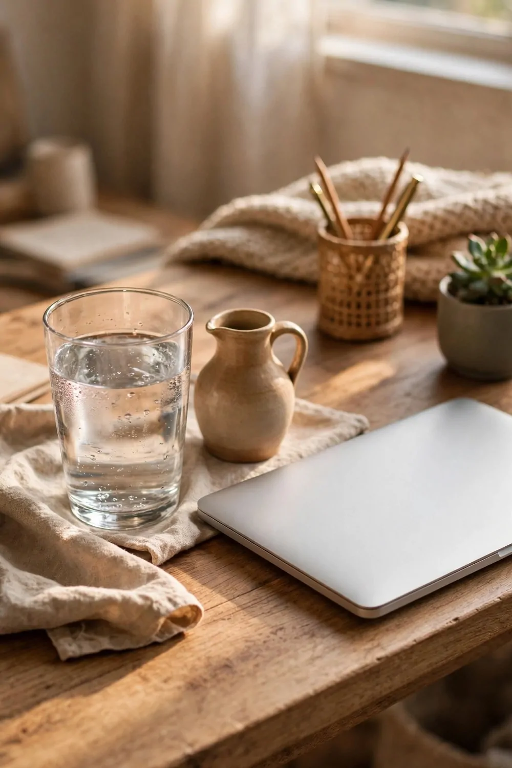 20 Cozy Office Space Ideas for Long Work Days 6 A large glass of water and a small jug on a wooden desk beside a laptop, soft morning light