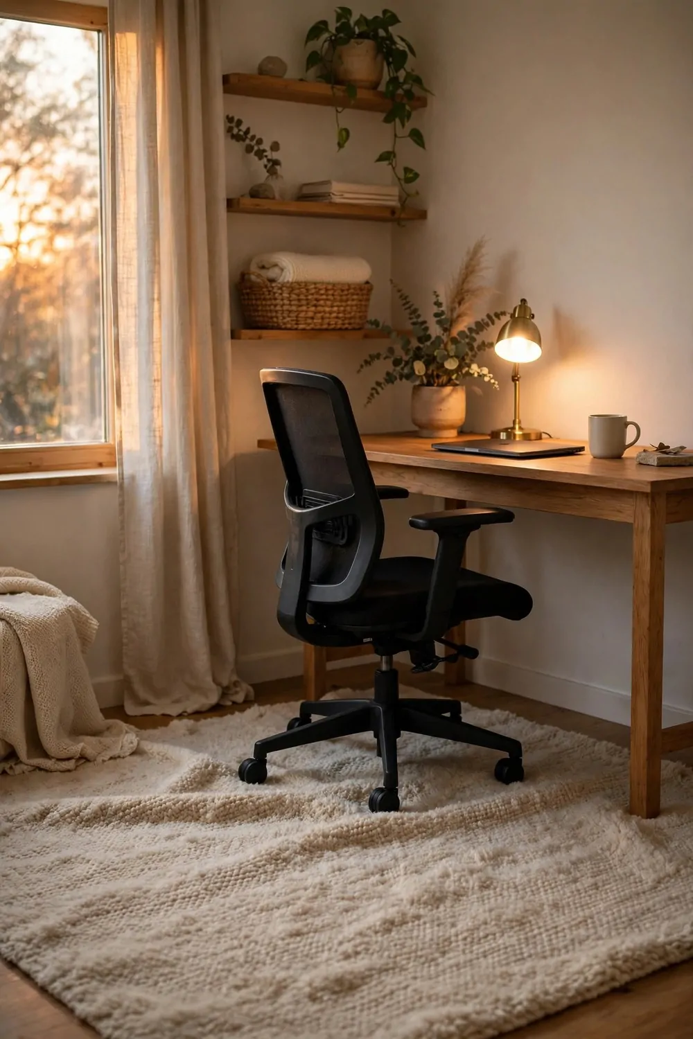 20 Cozy Office Space Ideas for Long Work Days 7 A cozy home office corner with a rug and space to stretch, chair pushed back, soft light