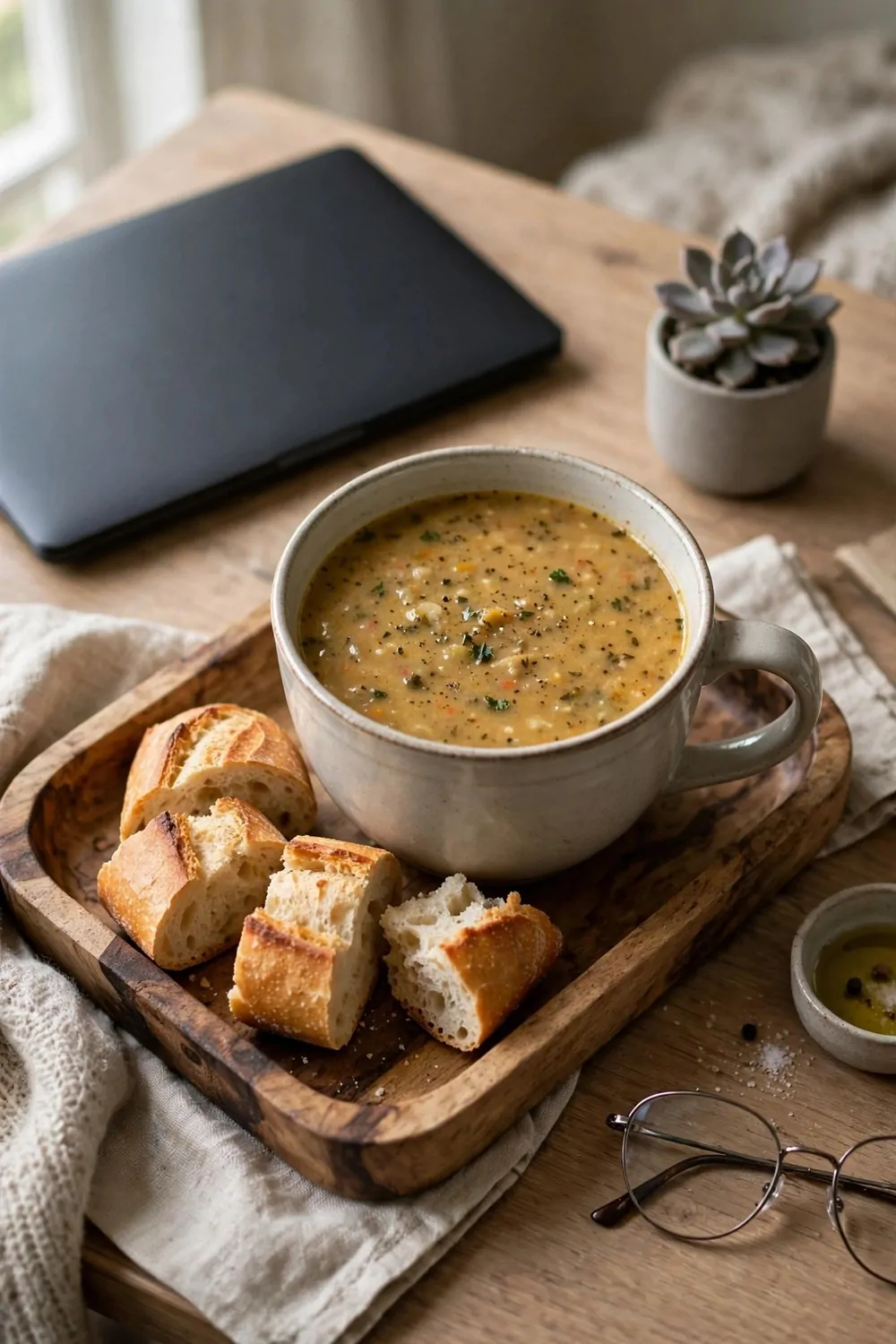 20 Cozy Office Space Ideas for Long Work Days 8 A simple lunch of soup in a big mug and bread on a wooden tray on a home office desk, calm light