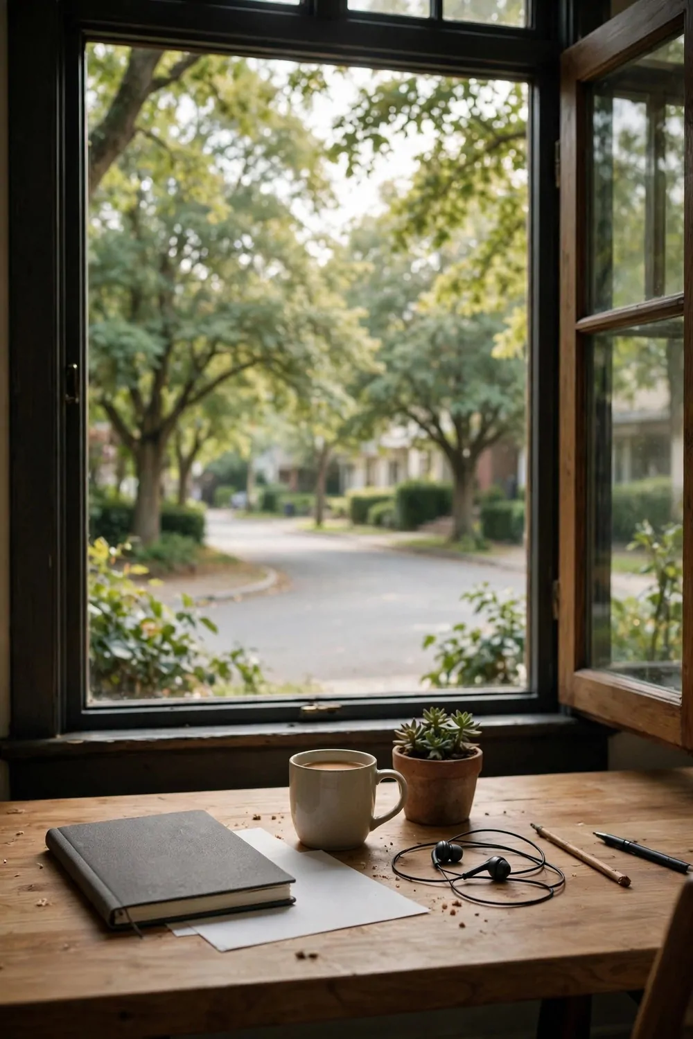 20 Cozy Office Space Ideas for Long Work Days 9 A quiet street outside a home office window with trees and soft light, seen from a desk