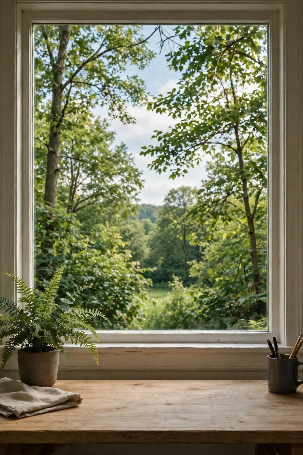 20 Cozy Office Space Ideas for Long Work Days 10 A green view of trees and sky through a home office window, soft daylight, a desk edge at the bottom