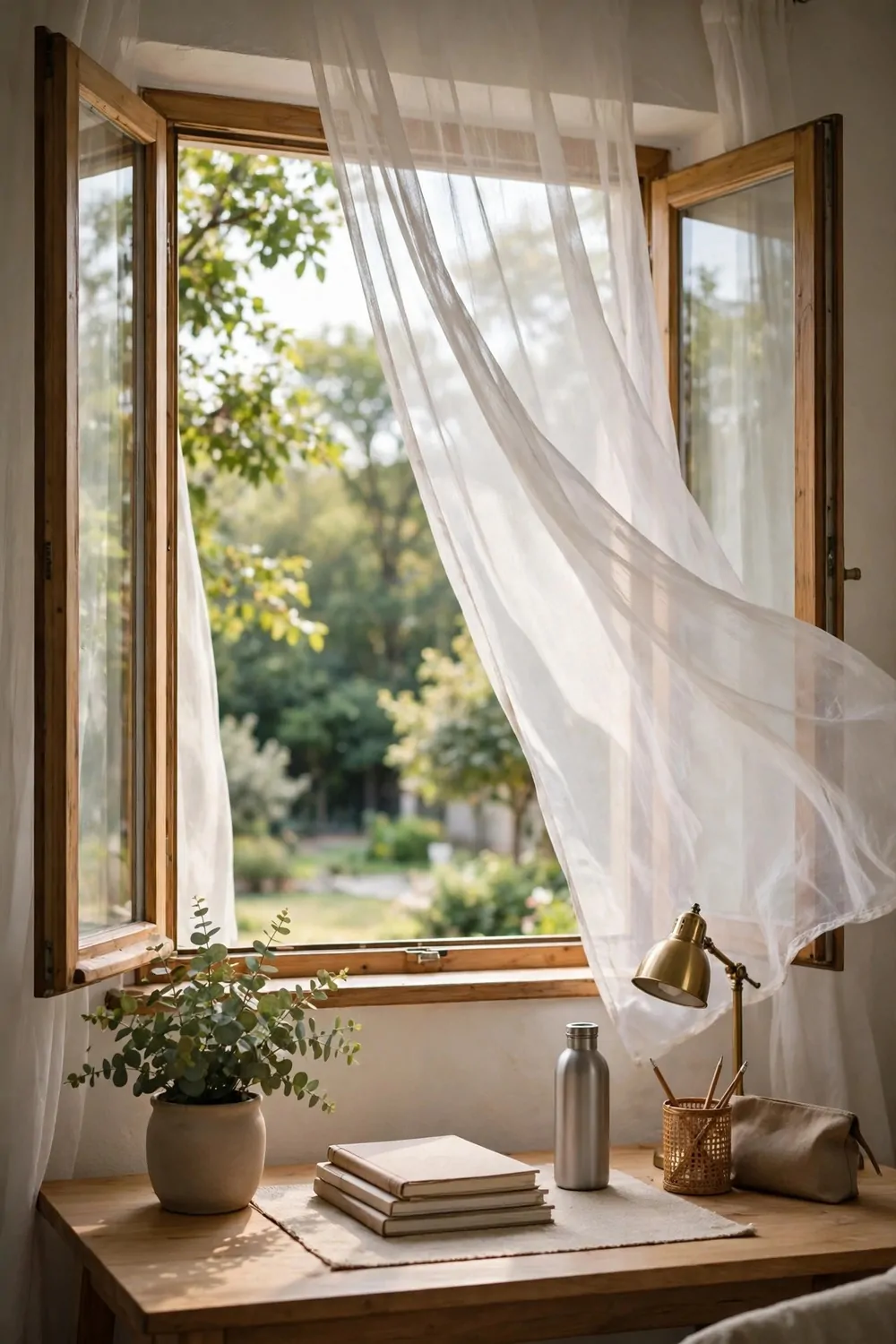 20 Cozy Office Space Ideas for Long Work Days 11 An open window in a home office with sheer curtains moving, fresh air, soft afternoon light