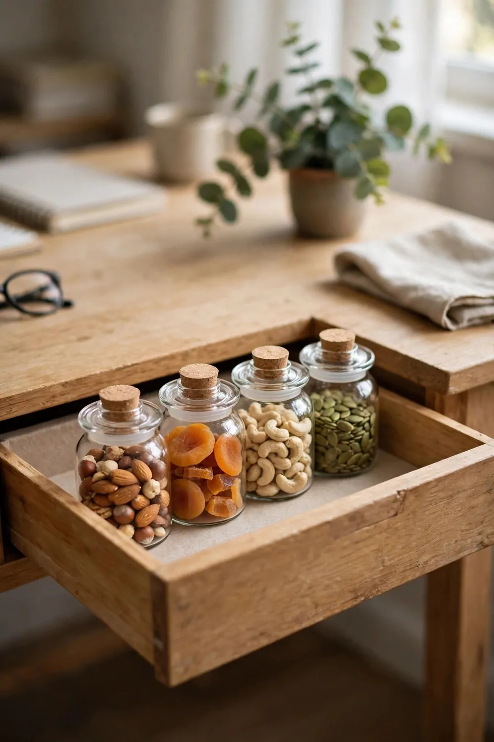 20 Cozy Office Space Ideas for Long Work Days 12 A small wooden drawer in a home office desk open to show neat snacks in jars, soft light