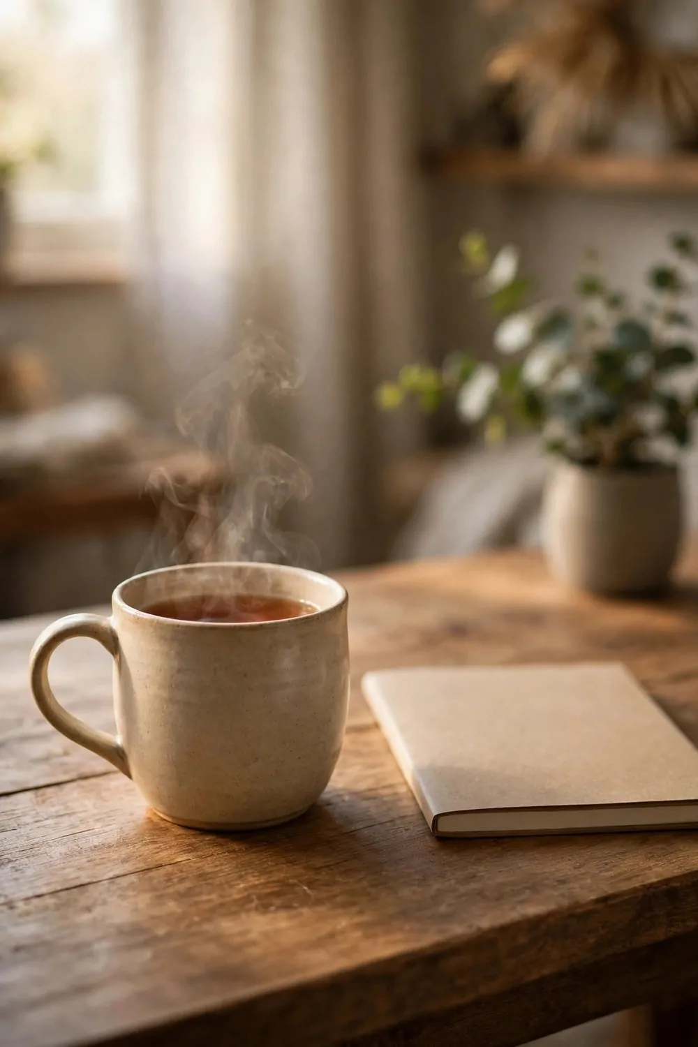 20 Cozy Office Space Ideas for Long Work Days 13 A warm mug of tea with steam on a wooden desk in a cozy home office, soft afternoon light, notebook beside it