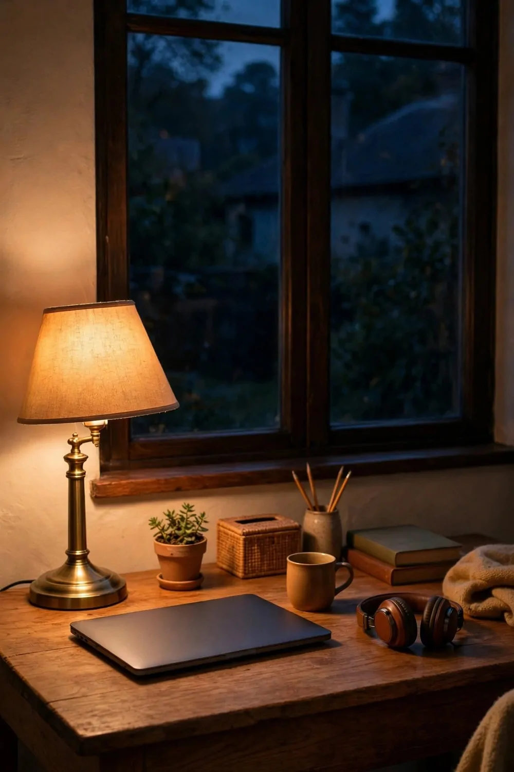 20 Cozy Office Space Ideas for Long Work Days 14 A warm desk lamp glowing on a wooden desk at dusk, laptop closed, window darkening outside