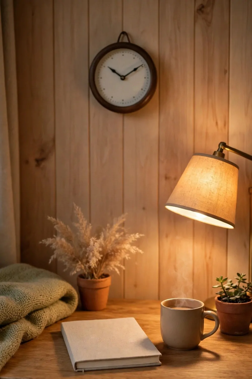 20 Cozy Office Space Ideas for Long Work Days 15 A small round wall clock above a home office desk, warm light, notebook and mug below