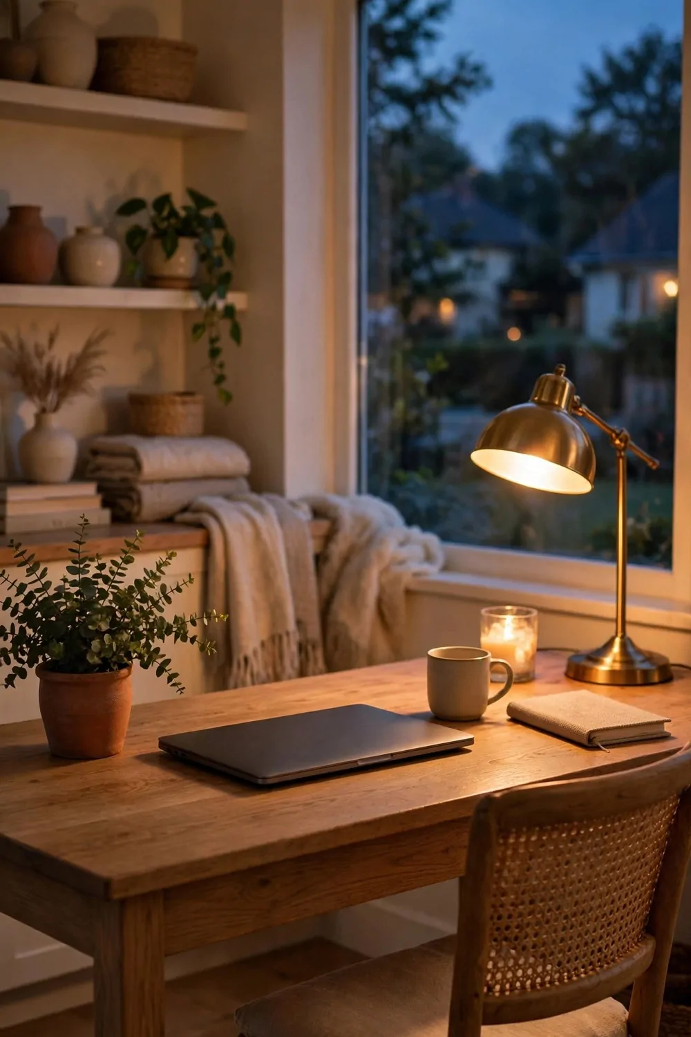 20 Cozy Office Space Ideas for Long Work Days 16 A cozy home office at six in the evening with the laptop closed and the chair pushed in, warm lamp light