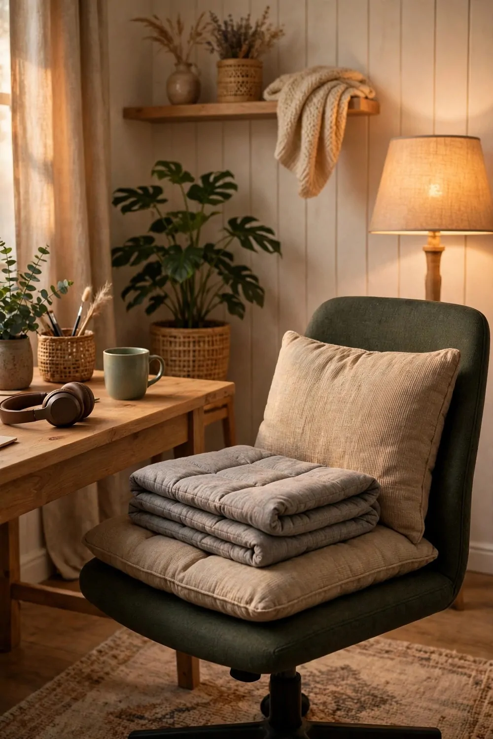 20 Cozy Office Space Ideas for Long Work Days 17 A soft heating pad folded on an office chair with a cushion, warm light, calm room