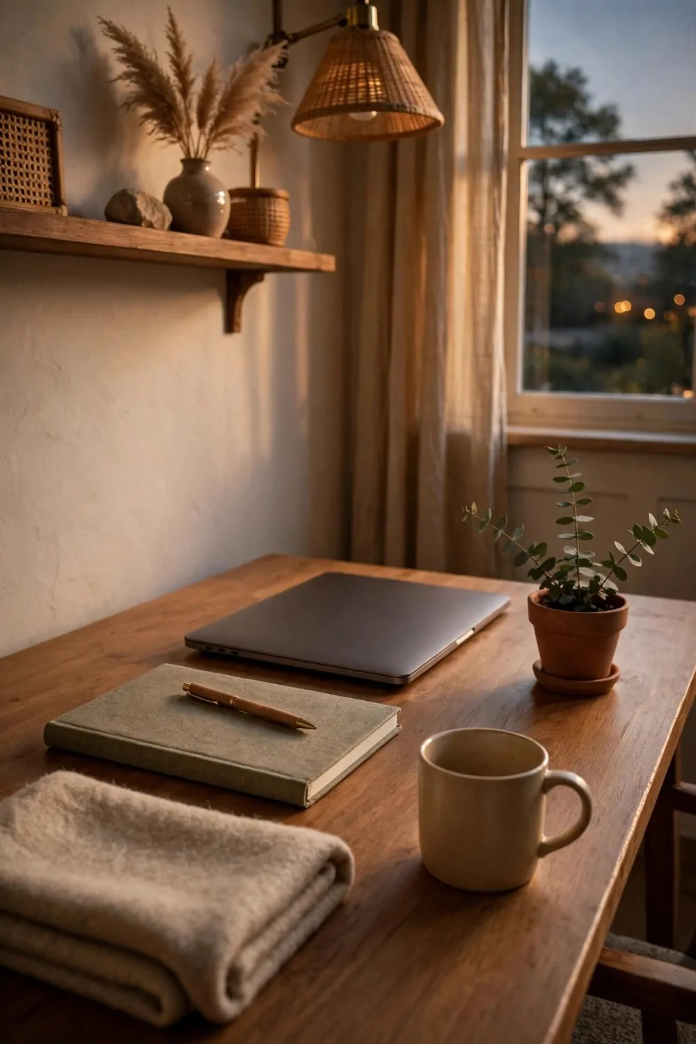 20 Cozy Office Space Ideas for Long Work Days 18 A closed laptop on a tidy wooden desk with a notebook and pen, evening light, calm room