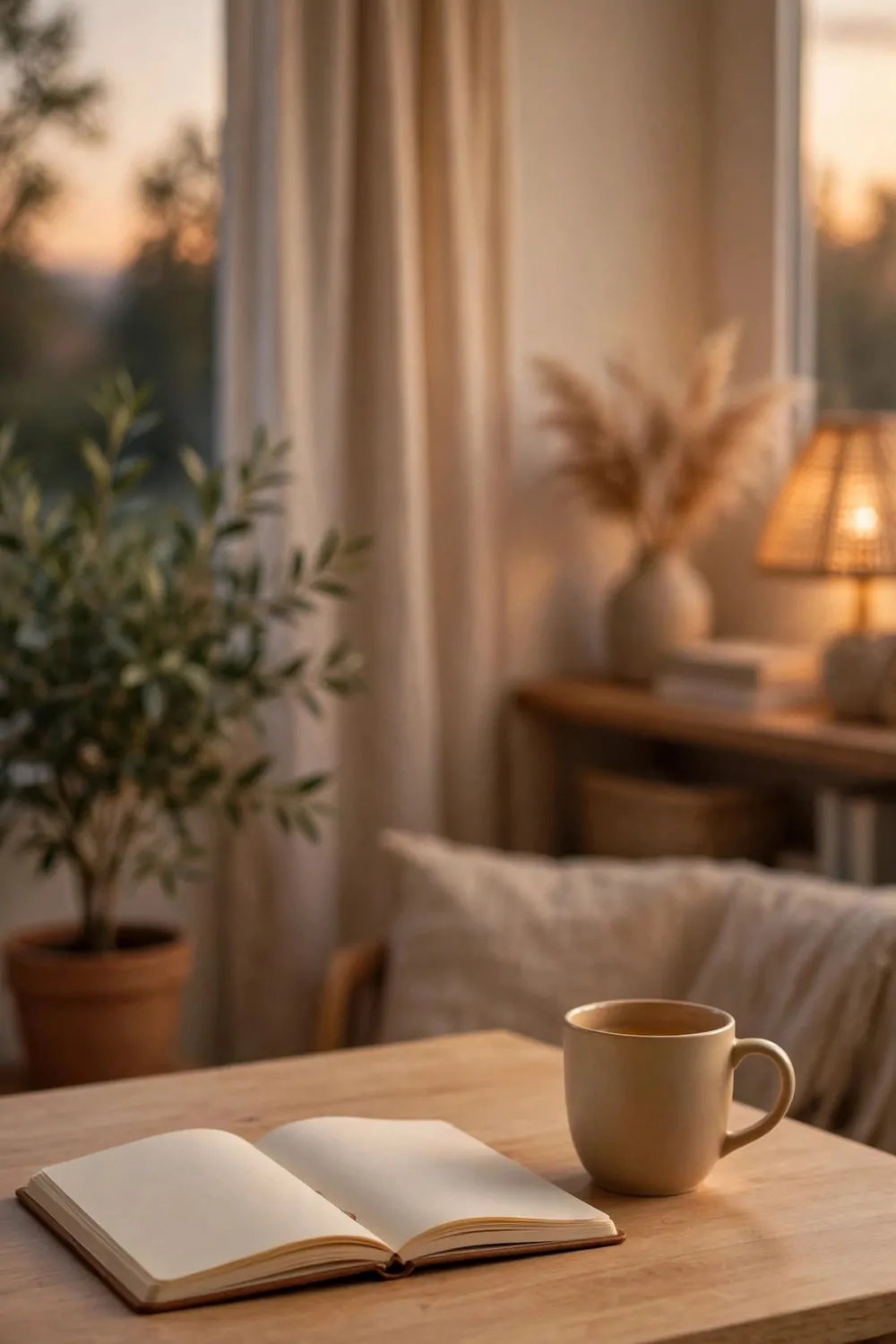 20 Cozy Office Space Ideas for Long Work Days 19 A clear wooden desk with only a notebook and a mug on it, soft evening light, calm room