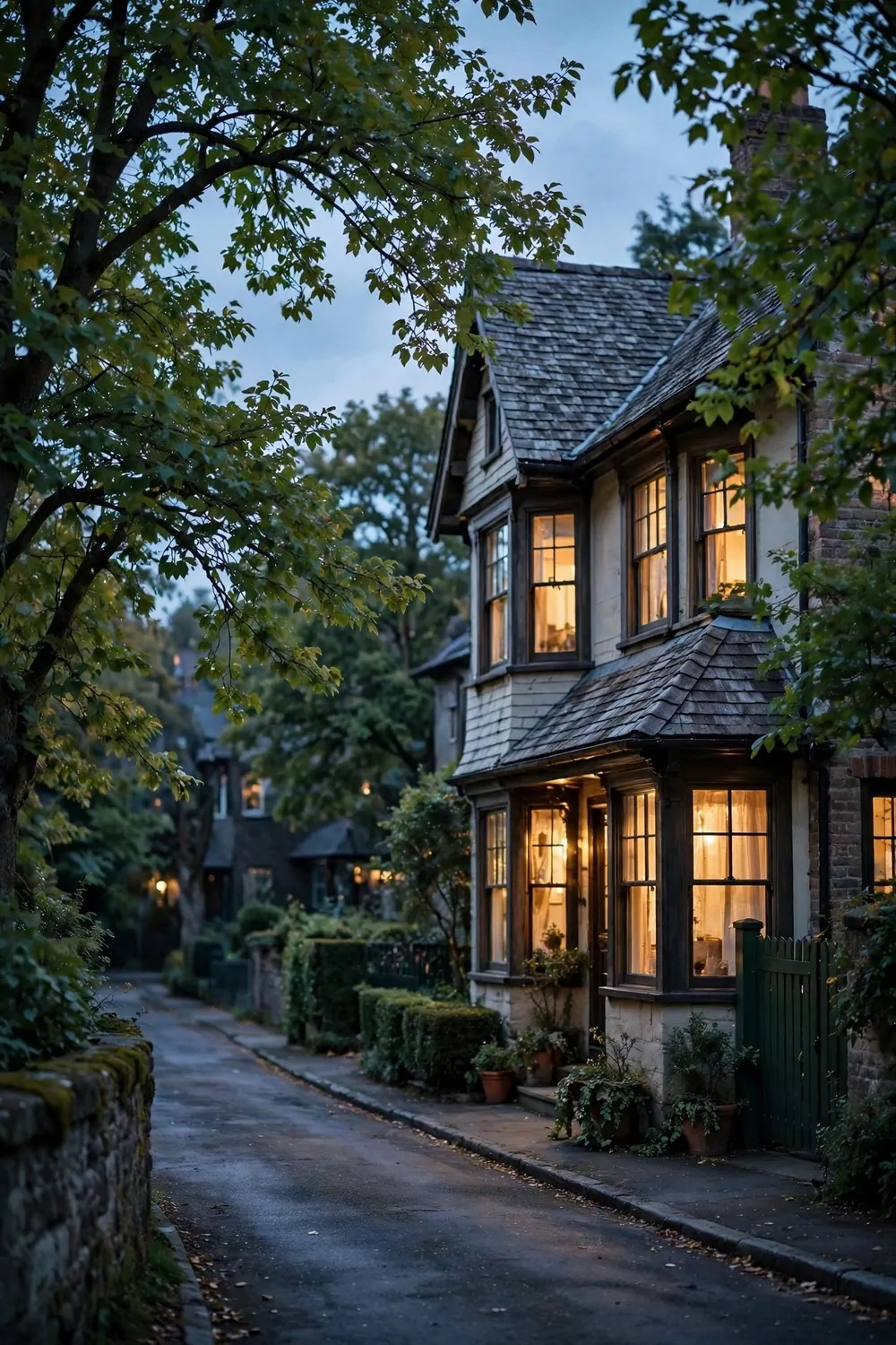 20 Cozy Office Space Ideas for Long Work Days 20 A quiet evening street outside a house with warm lights in windows, trees, soft dusk light