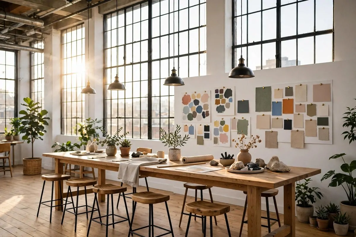 A bright design studio loft with a long shared oak worktable, tall industrial windows, mood boards with color swatches, plants and pendant lamps