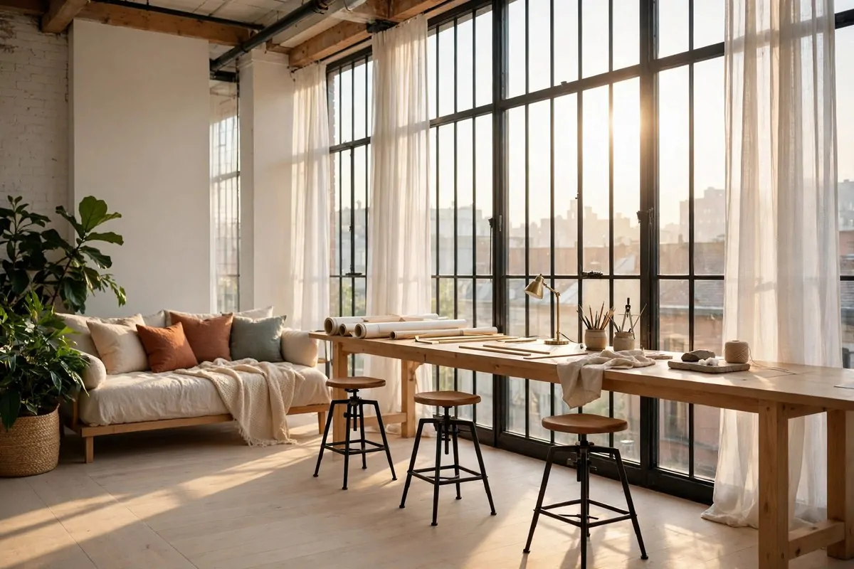 20 Design Studios That Prove Workspaces Can Be Beautiful 1 A sunlit loft studio with a long worktable beside tall industrial windows, sheer curtains and a leafy plant