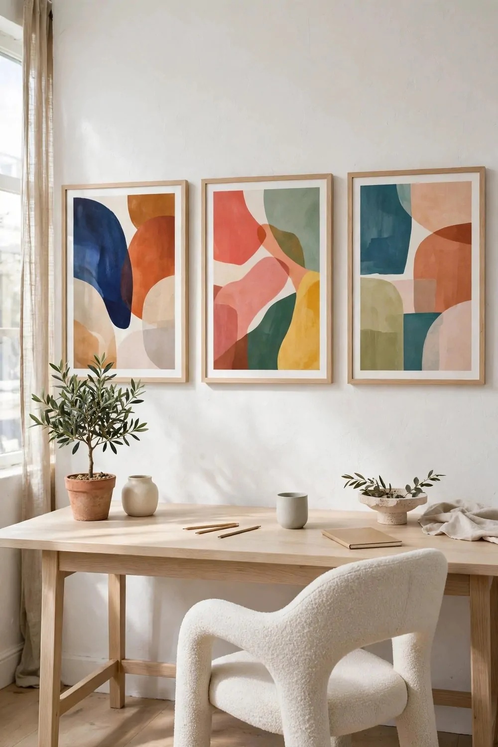 20 Design Studios That Prove Workspaces Can Be Beautiful 2 A white-wall gallery style studio with large framed abstract art prints above a pale oak desk
