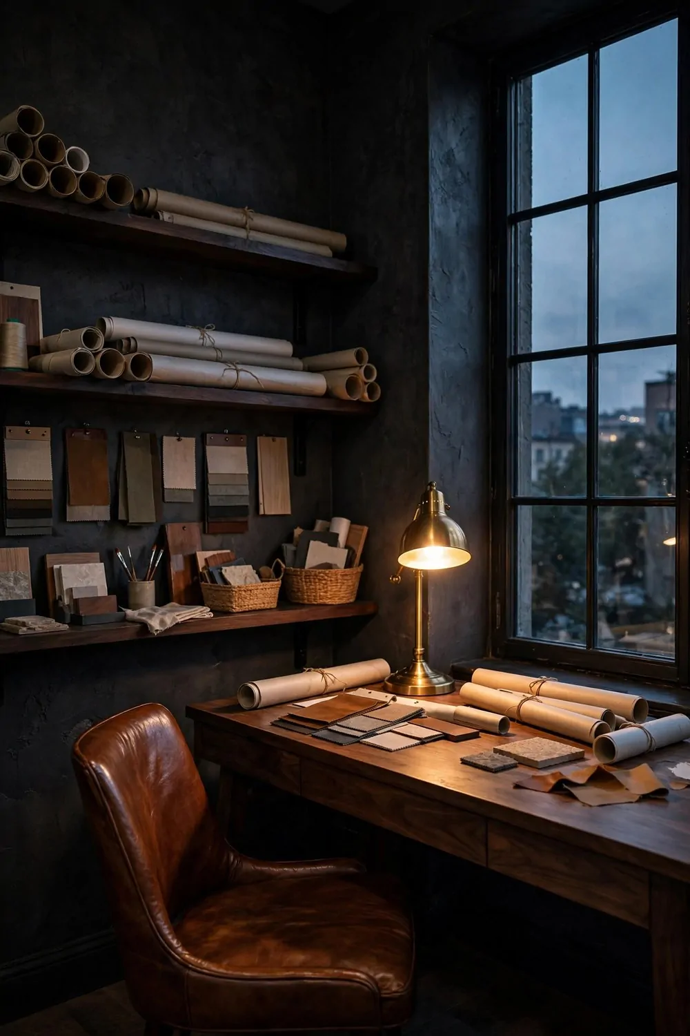 20 Design Studios That Prove Workspaces Can Be Beautiful 3 A moody charcoal-walled studio with a walnut desk, warm brass lamp and cognac leather chair