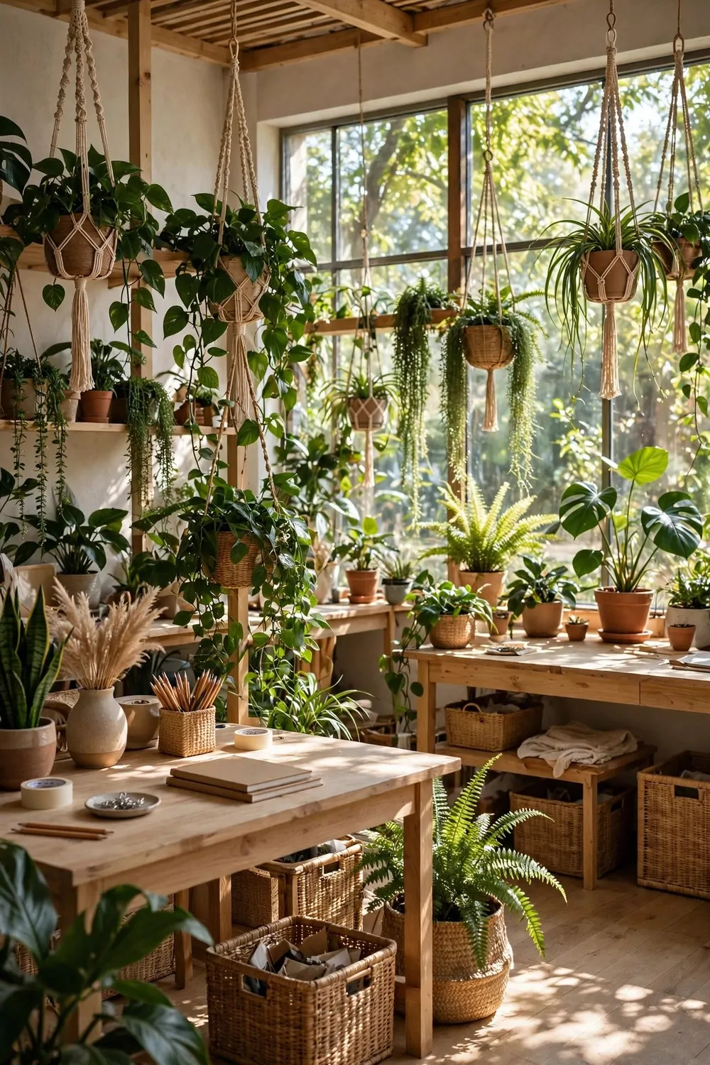 20 Design Studios That Prove Workspaces Can Be Beautiful 4 A plant-filled creative studio with trailing houseplants dividing light wood desks