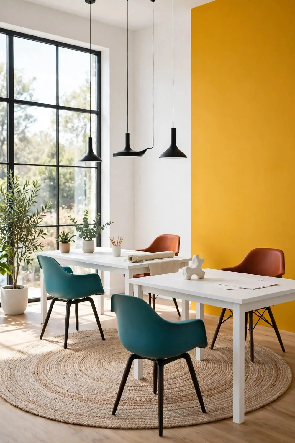 20 Design Studios That Prove Workspaces Can Be Beautiful 5 A color-blocked studio with a bold mustard accent wall, white desks and colorful chairs