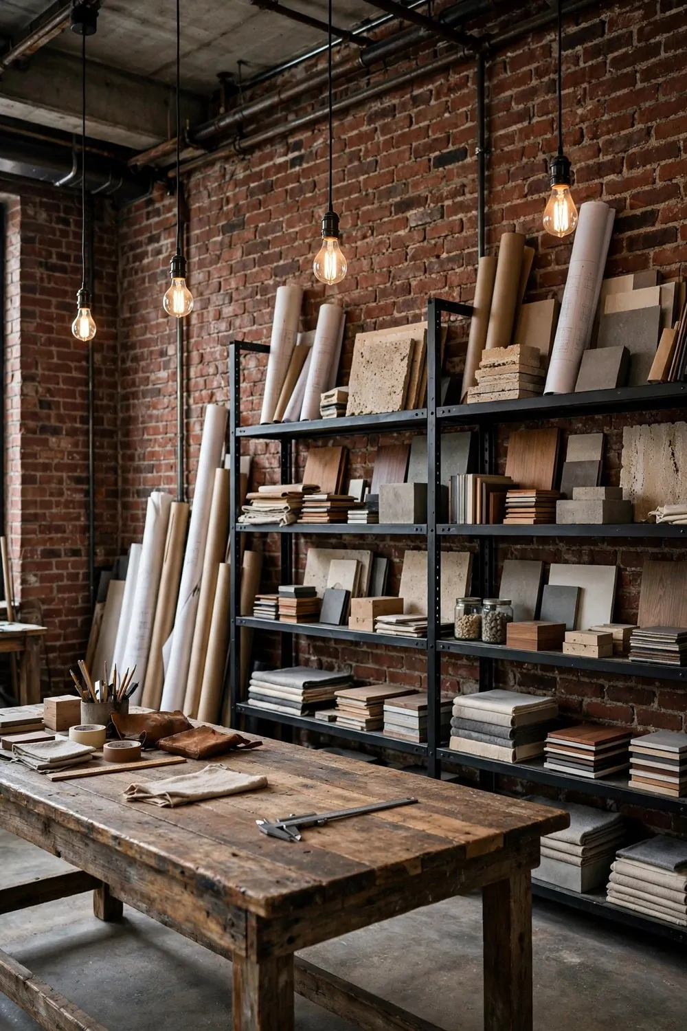 20 Design Studios That Prove Workspaces Can Be Beautiful 7 An industrial brick studio with a reclaimed wood workbench, steel shelving and Edison bulb lights