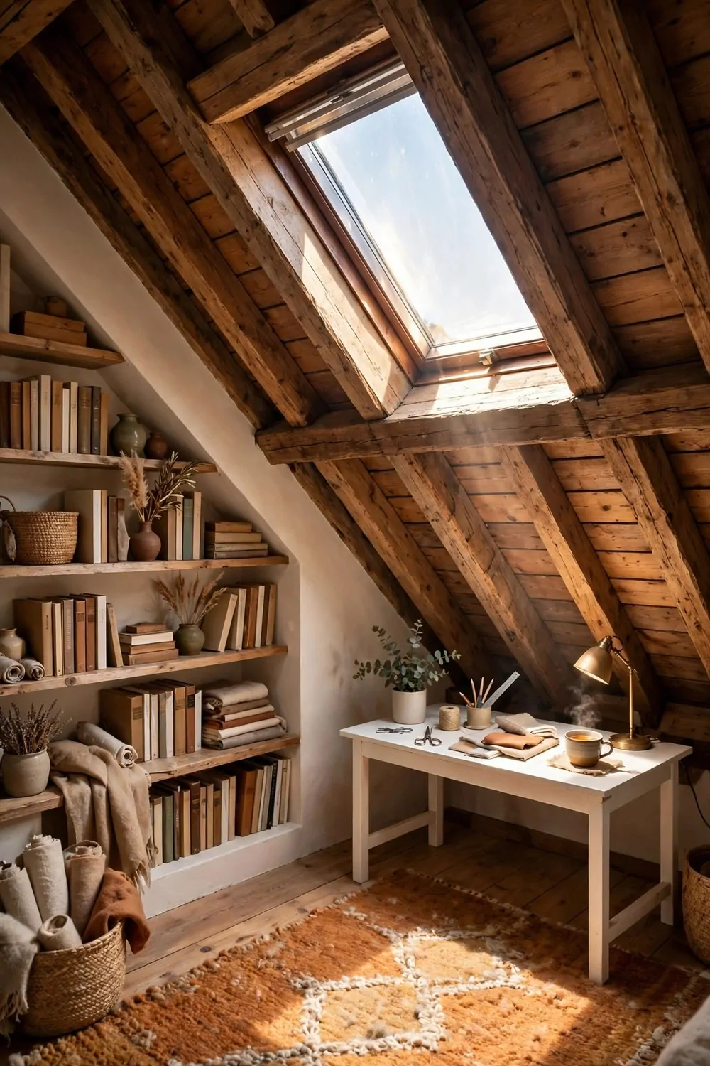 20 Design Studios That Prove Workspaces Can Be Beautiful 8 A cozy attic studio with a sloped ceiling, skylight, small desk under the eaves and a wool rug