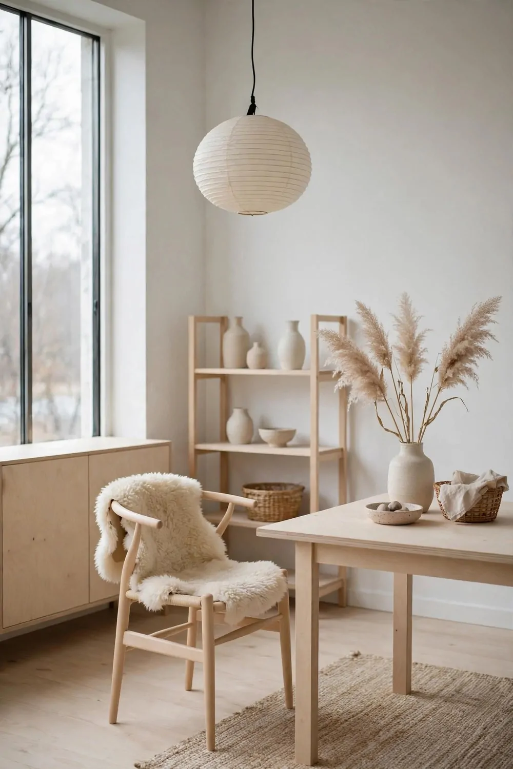 20 Design Studios That Prove Workspaces Can Be Beautiful 9 A Scandinavian studio with pale birch furniture, white walls, a sheepskin chair and a paper pendant lamp