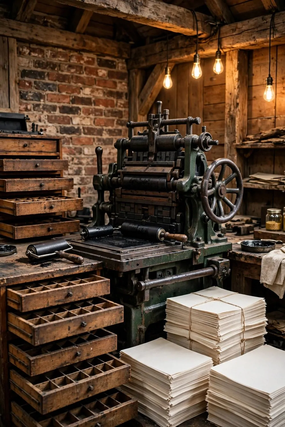 20 Design Studios That Prove Workspaces Can Be Beautiful 10 A vintage print shop studio with an old letterpress machine, wooden type drawers and stacks of blank paper