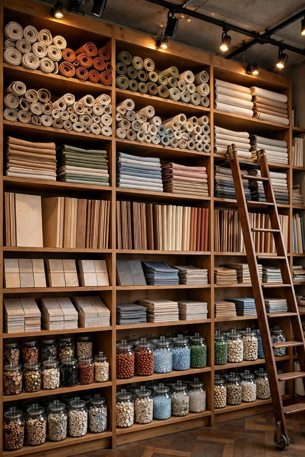 20 Design Studios That Prove Workspaces Can Be Beautiful 11 A design studio material library with shelves of fabric swatches, wood samples, stone tiles and glass jars