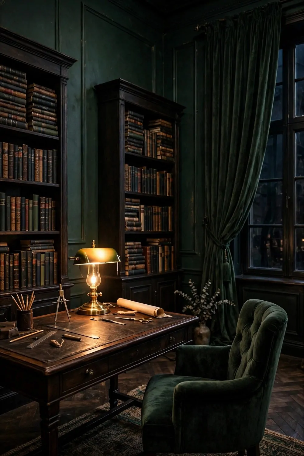 20 Design Studios That Prove Workspaces Can Be Beautiful 12 A dark academia studio with deep green walls, tall bookcases and a leather-topped desk with a brass lamp