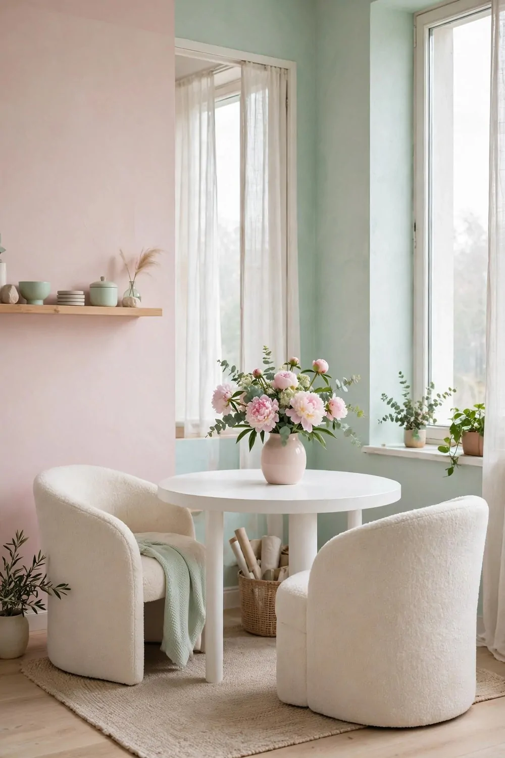 20 Design Studios That Prove Workspaces Can Be Beautiful 13 A pastel soft studio with blush pink and mint walls, curved boucle chairs and a round white desk