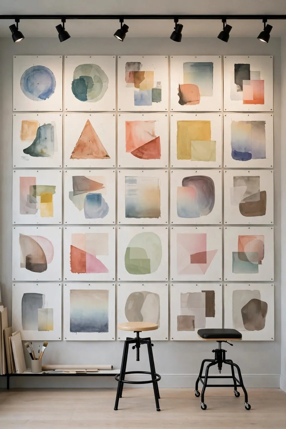 20 Design Studios That Prove Workspaces Can Be Beautiful 14 A studio critique wall covered with abstract color boards in a neat grid, with drafting stools below