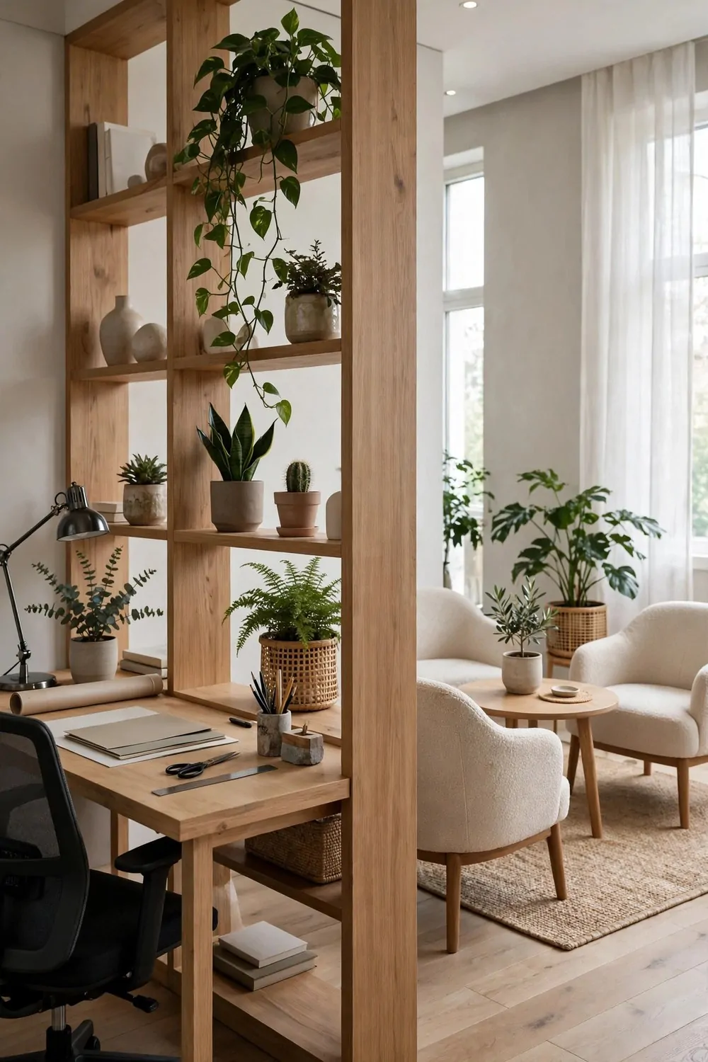 20 Design Studios That Prove Workspaces Can Be Beautiful 15 A dual-zone studio split by an open bookshelf divider into a desk zone and a meeting zone