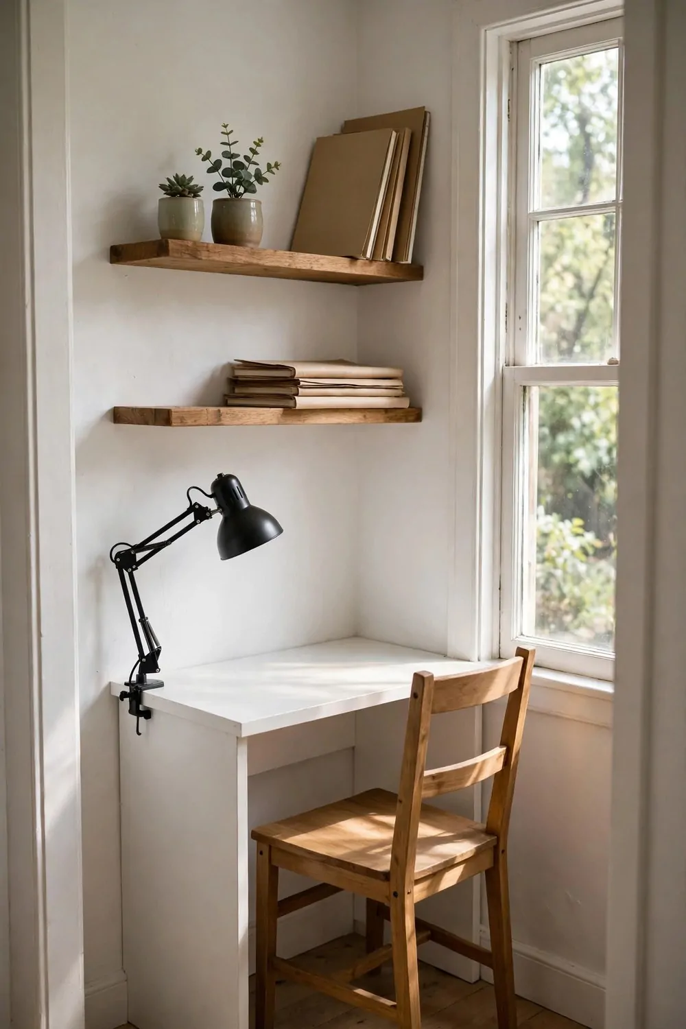 20 Design Studios That Prove Workspaces Can Be Beautiful 16 A tiny corner studio nook with a compact white desk, floating shelves and a clip-on task lamp