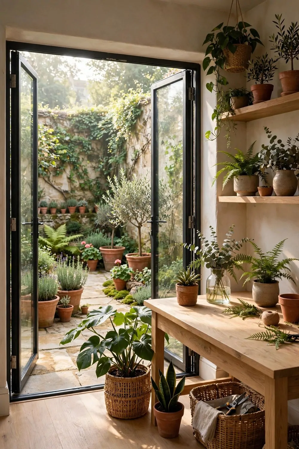 20 Design Studios That Prove Workspaces Can Be Beautiful 17 A courtyard garden studio with glass doors open onto a small green courtyard, an oak desk and terracotta pots