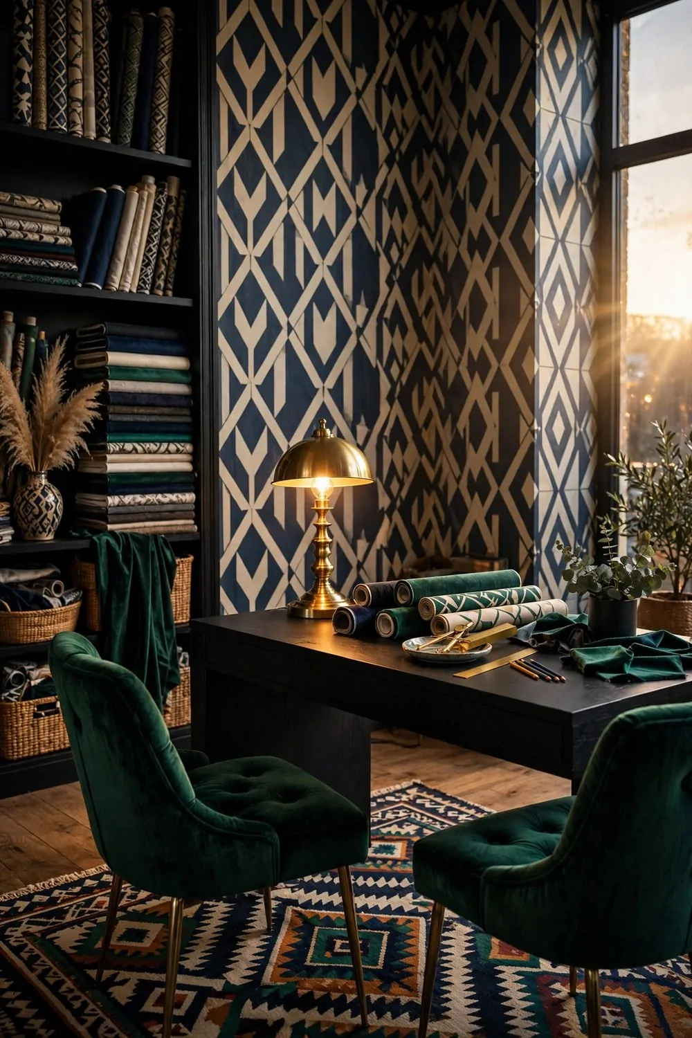20 Design Studios That Prove Workspaces Can Be Beautiful 18 A bold pattern studio with geometric navy and cream wallpaper, velvet emerald chairs and a bold rug