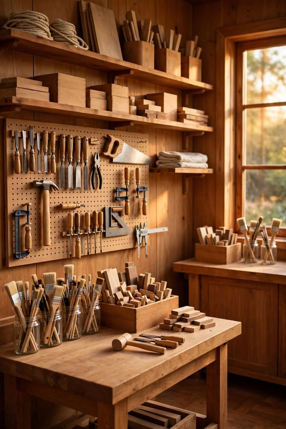 20 Design Studios That Prove Workspaces Can Be Beautiful 19 A warm wood workshop studio with woodworking benches, tools on a pegboard and golden light