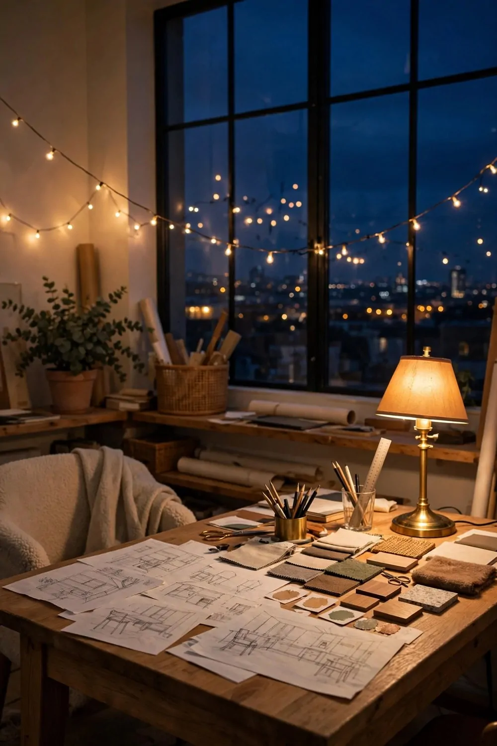 20 Design Studios That Prove Workspaces Can Be Beautiful 20 A design studio glowing at night with warm lamps, string lights and a dark blue evening sky outside the window