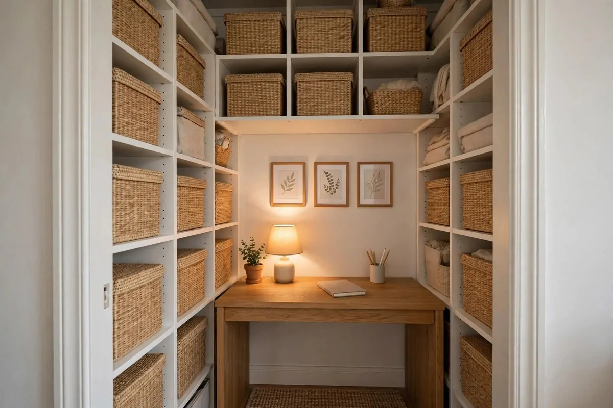 DIY closet office with floating wood desk and shelves inside a small converted closet