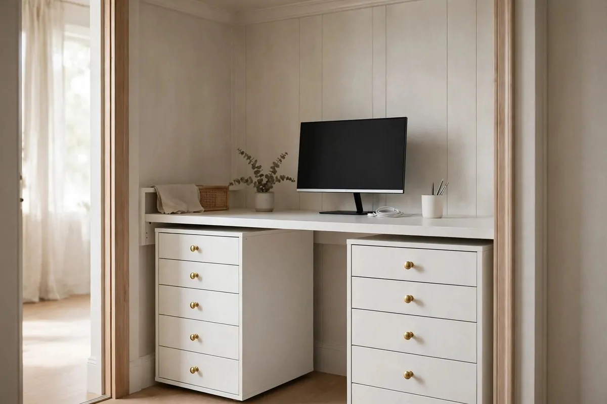 Two IKEA ALEX drawer units holding a white tabletop desk inside a reach-in closet