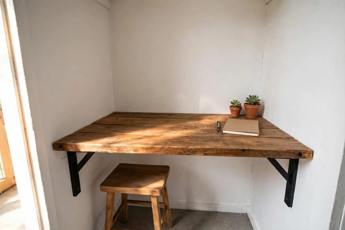Wooden plank desk on black brackets inside a budget closet office