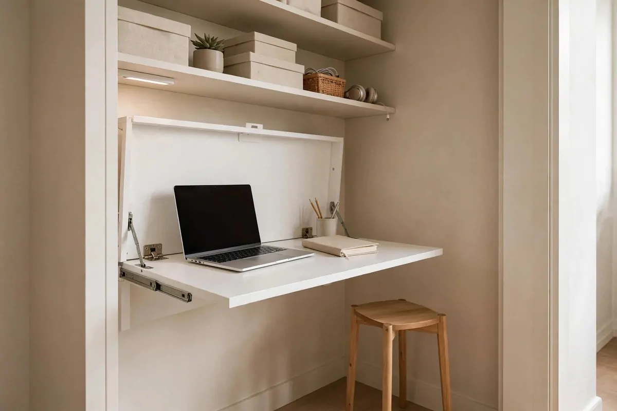 Fold-down wall desk opened inside a small closet with a tucked stool