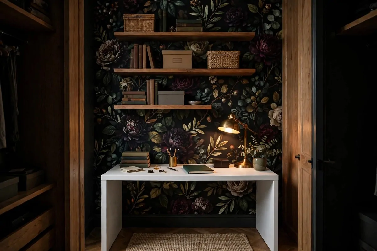 Closet office with bold floral peel-and-stick wallpaper on the back wall