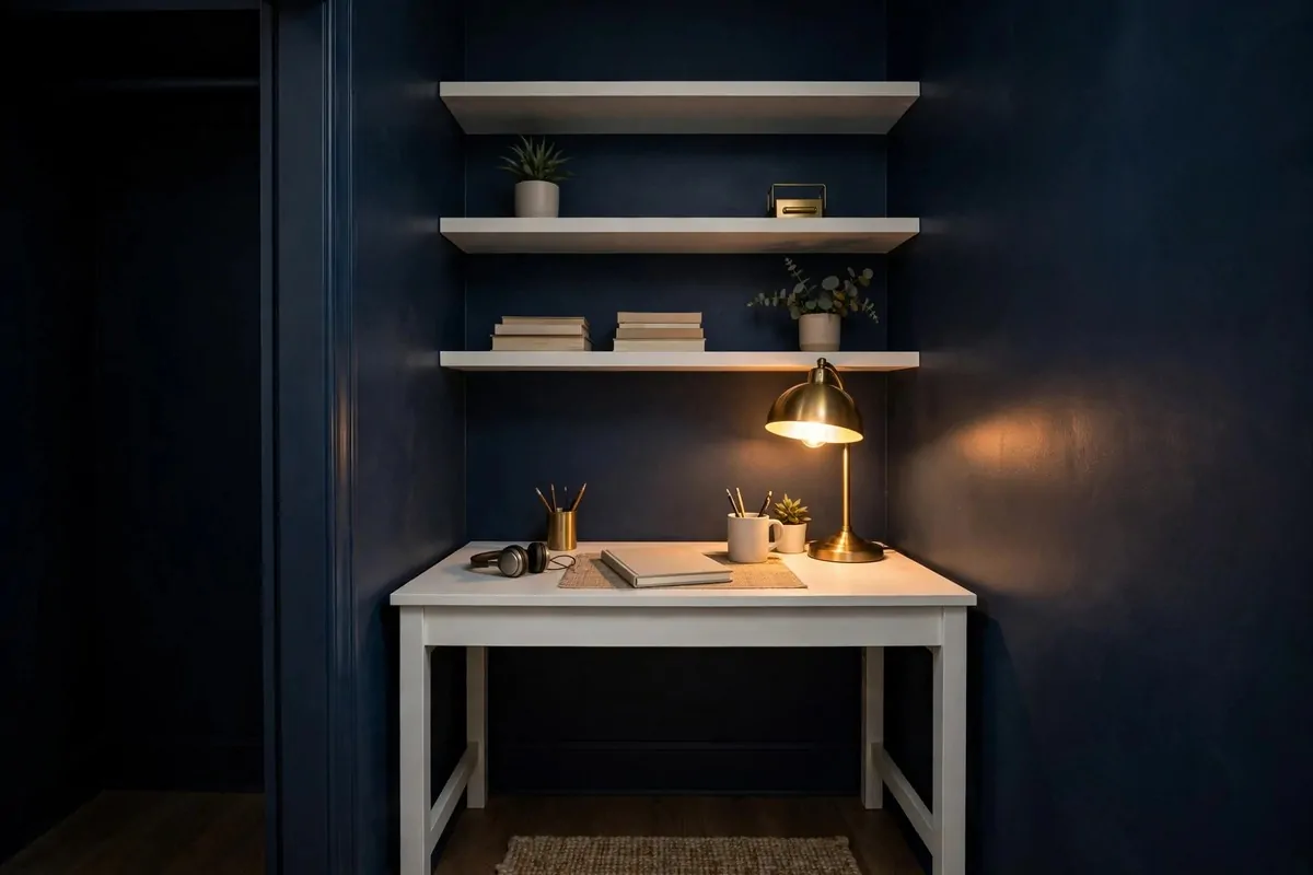 Closet office with deep navy painted interior walls and a white desk