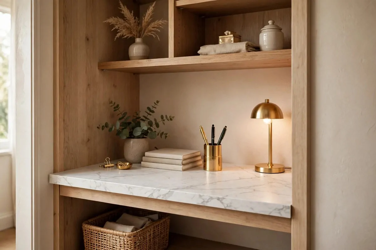 Desk covered in marble contact paper with gold desk accessories in a closet office