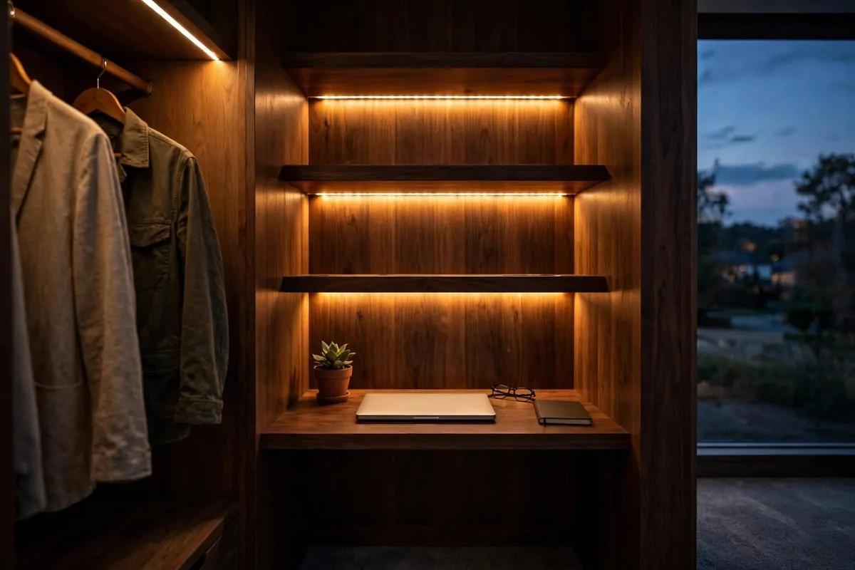Warm LED strip lighting glowing under floating shelves in a closet office